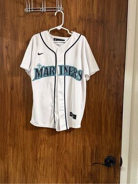 Nike White Mariners Button-Up Jersey with Teal & Navy Accents